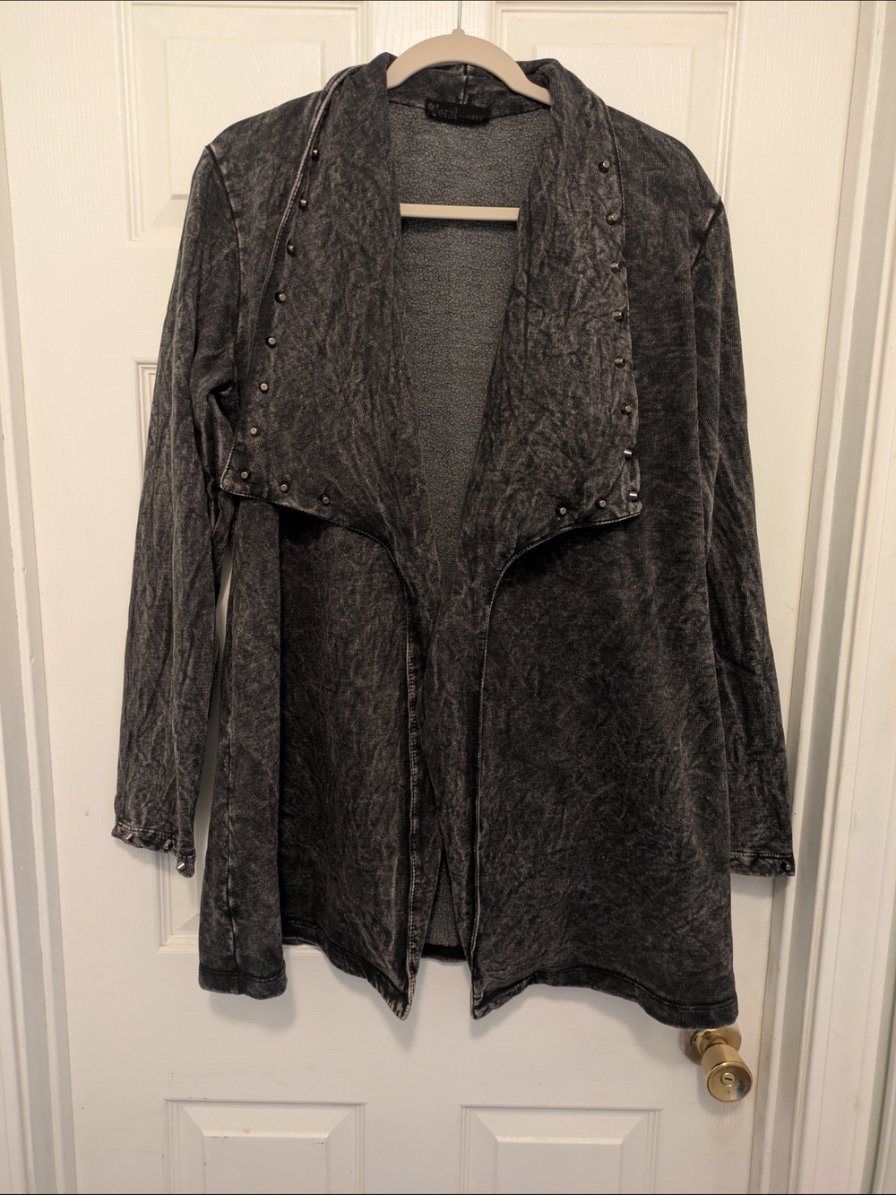 Women's Alt Black Acid Wash Open-Front Jacket Stud Detail